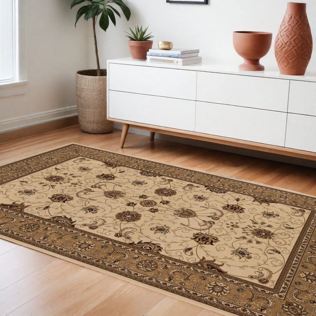 10' Beige And Ivory Oriental Runner Rug-Area Rugs-DECOROLALA