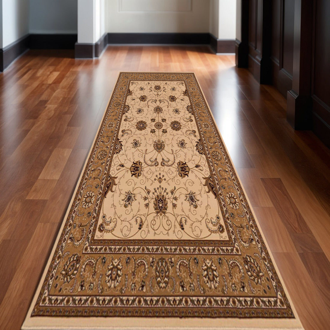 10' Beige And Ivory Oriental Runner Rug-Area Rugs-DECOROLALA