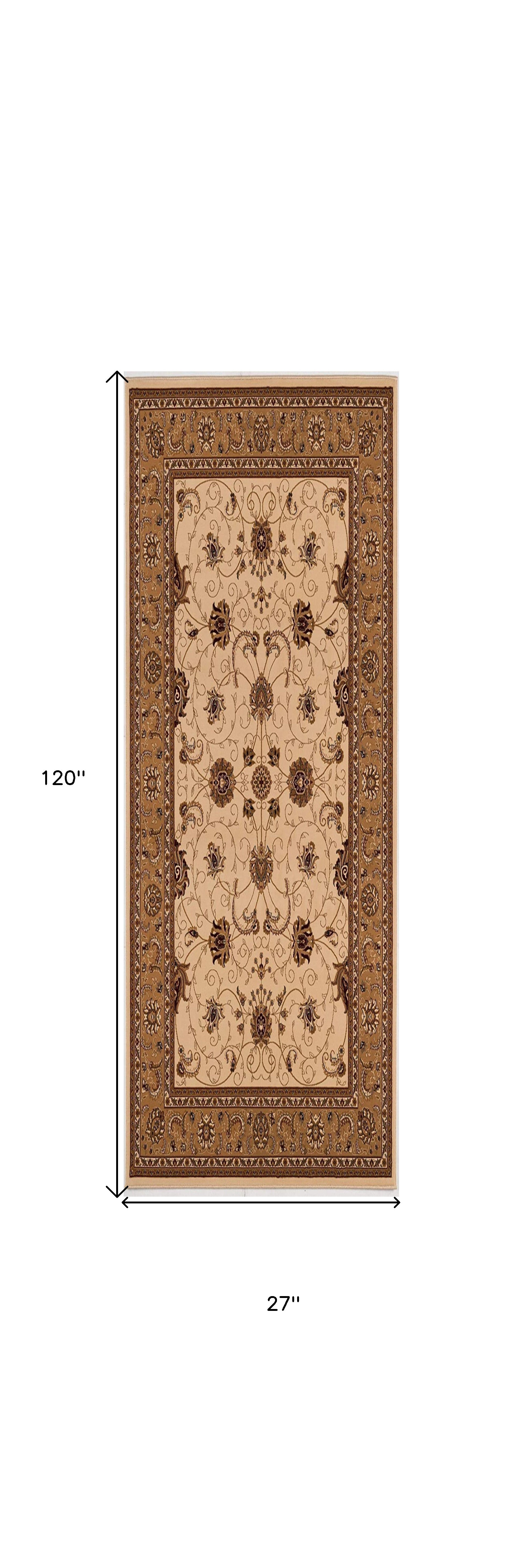 10' Beige And Ivory Oriental Runner Rug-Area Rugs-DECOROLALA