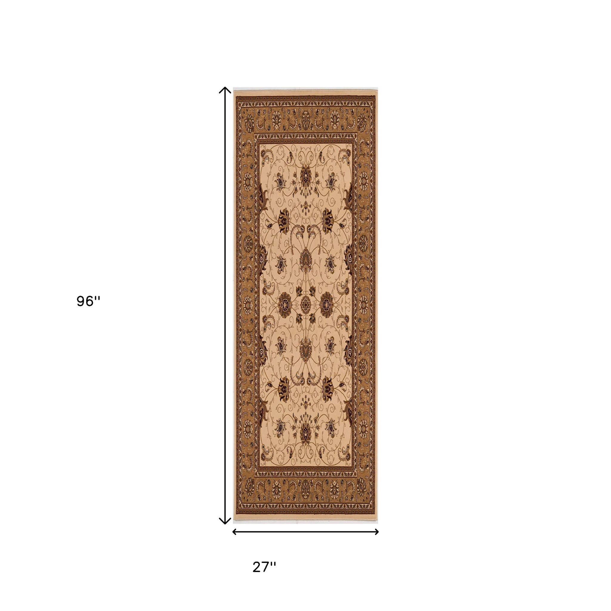 10' Beige And Ivory Oriental Runner Rug-Area Rugs-DECOROLALA