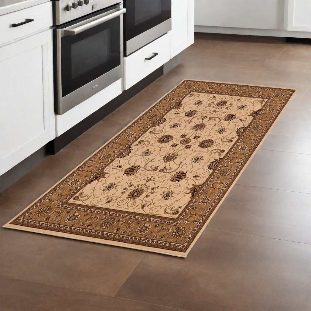10' Beige And Ivory Oriental Runner Rug-Area Rugs-DECOROLALA