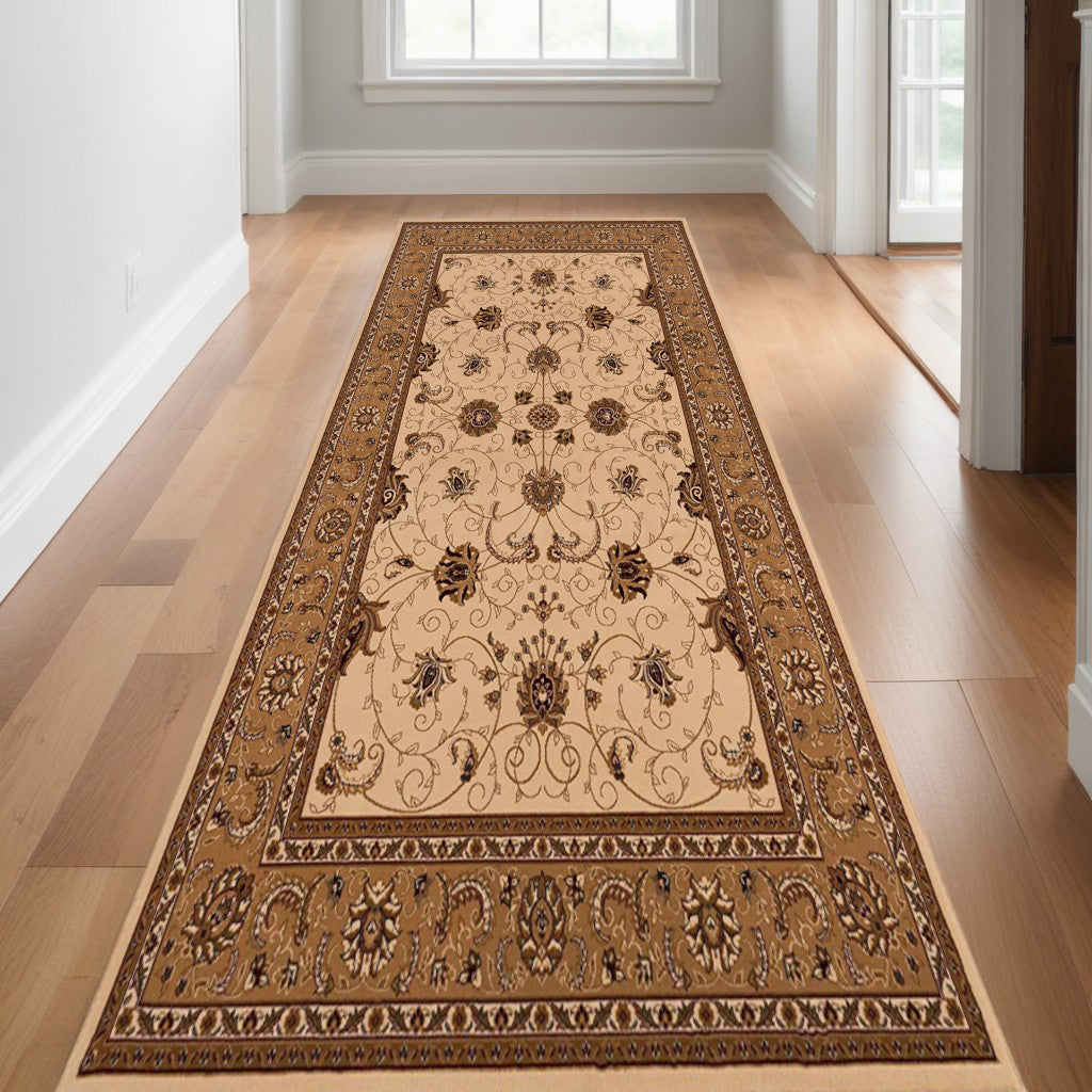 10' Beige And Ivory Oriental Runner Rug-Area Rugs-DECOROLALA