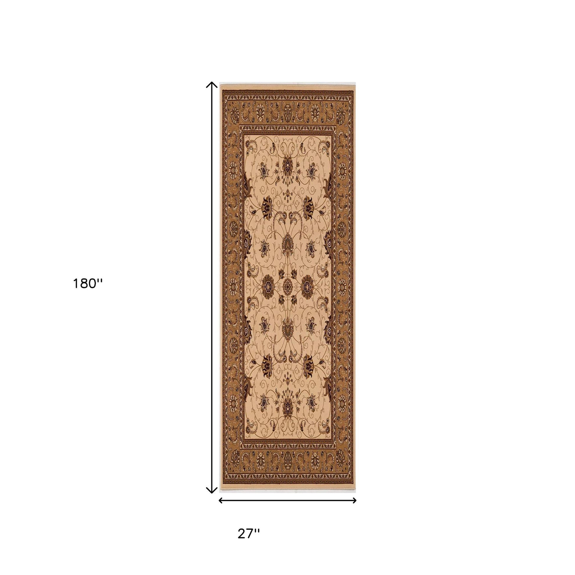 10' Beige And Ivory Oriental Runner Rug-Area Rugs-DECOROLALA