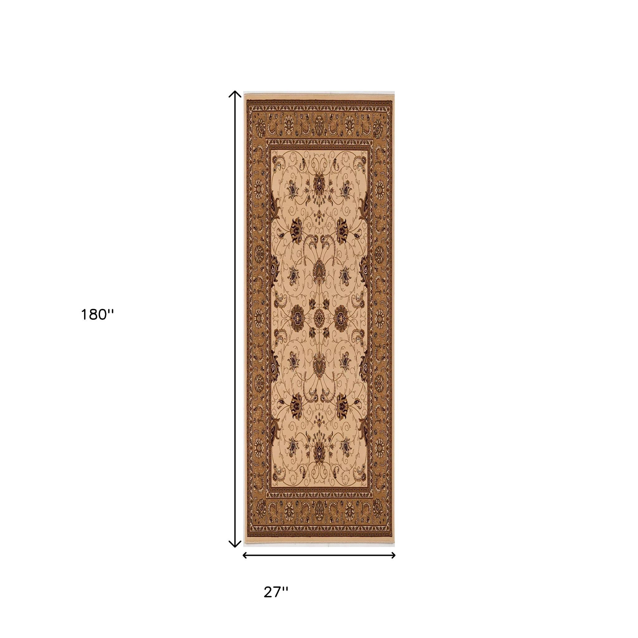10' Beige And Ivory Oriental Runner Rug-Area Rugs-DECOROLALA