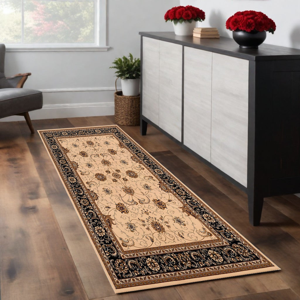 10' Black And Ivory Oriental Runner Rug-Area Rugs-DECOROLALA