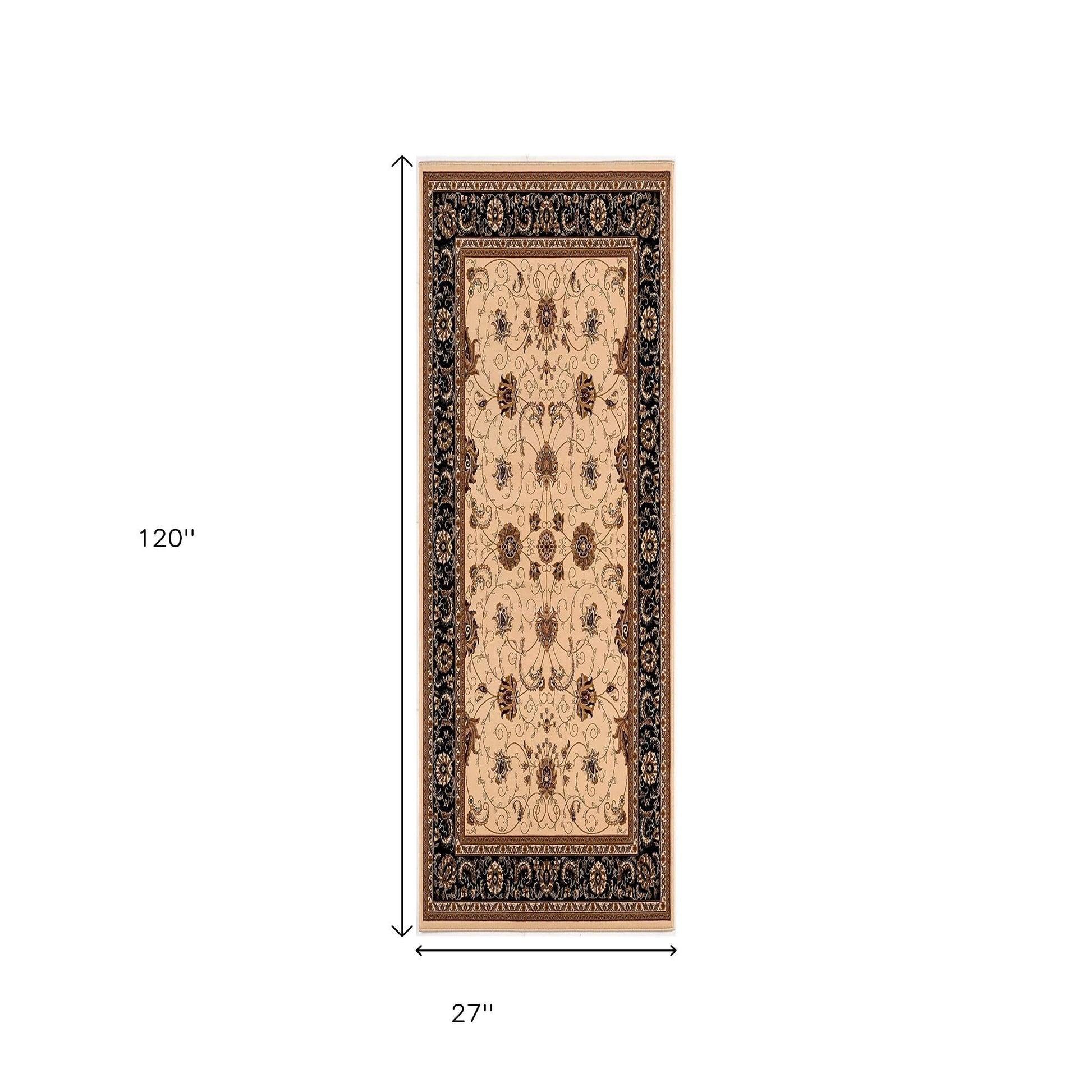 10' Black And Ivory Oriental Runner Rug-Area Rugs-DECOROLALA