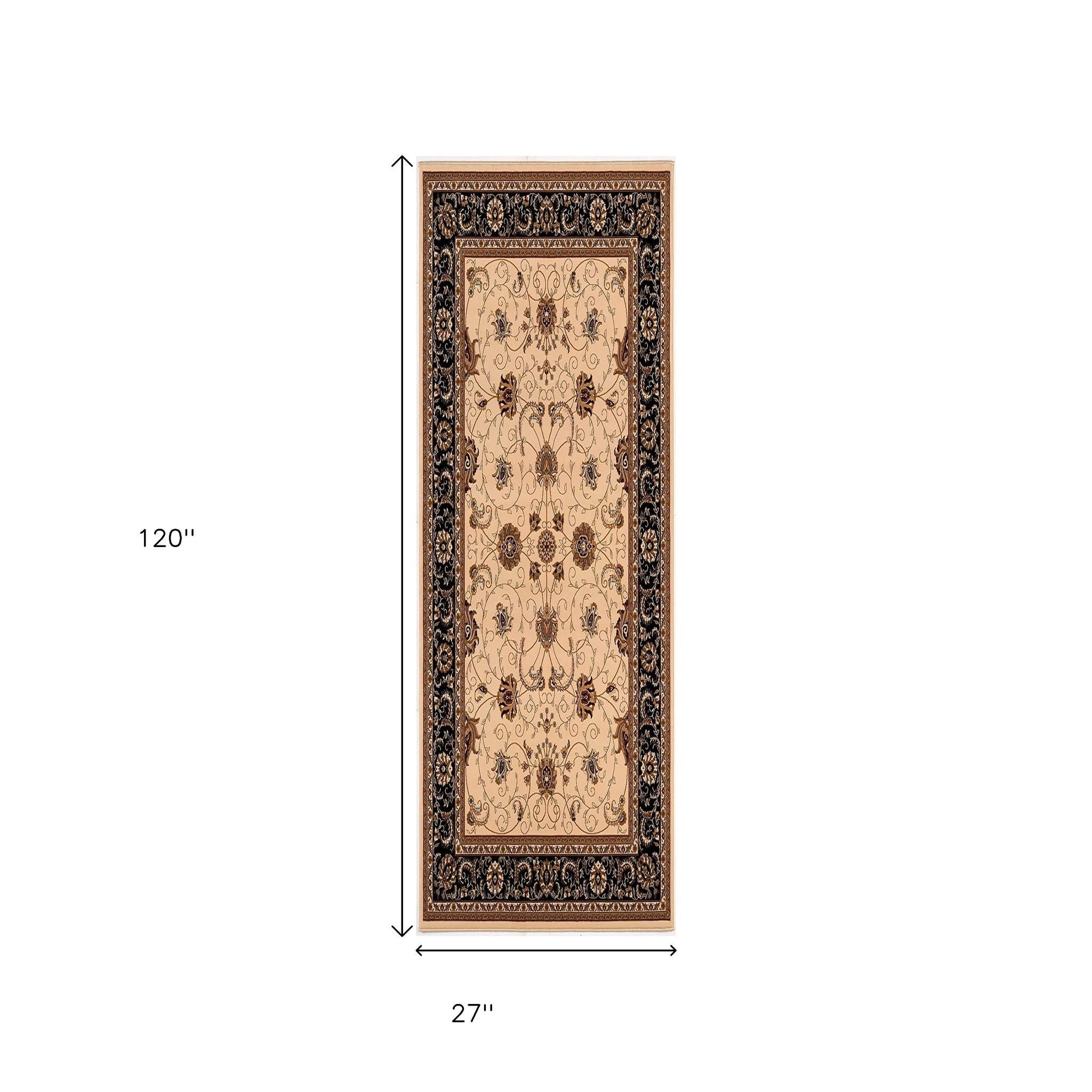 10' Black And Ivory Oriental Runner Rug-Area Rugs-DECOROLALA