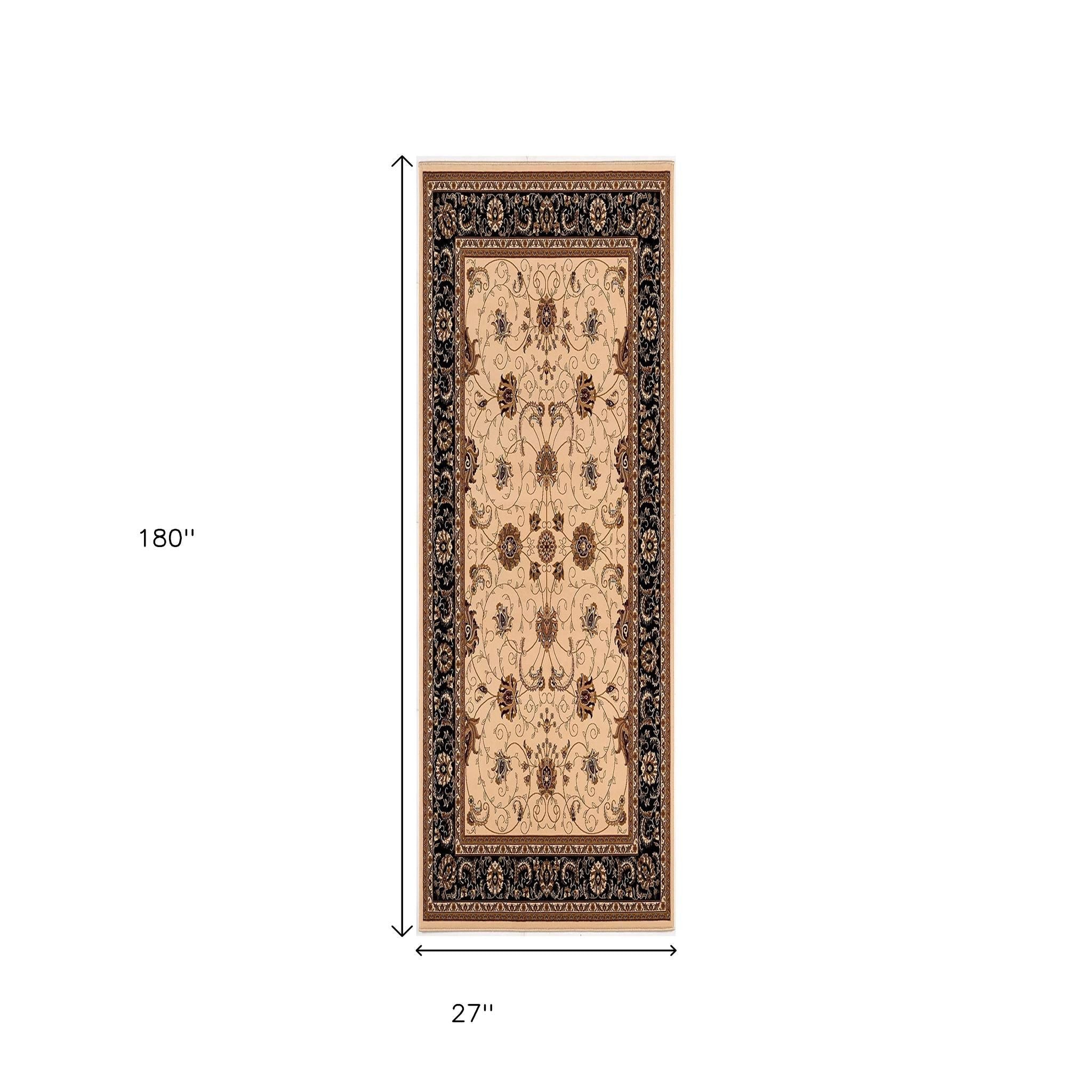 10' Black And Ivory Oriental Runner Rug-Area Rugs-DECOROLALA