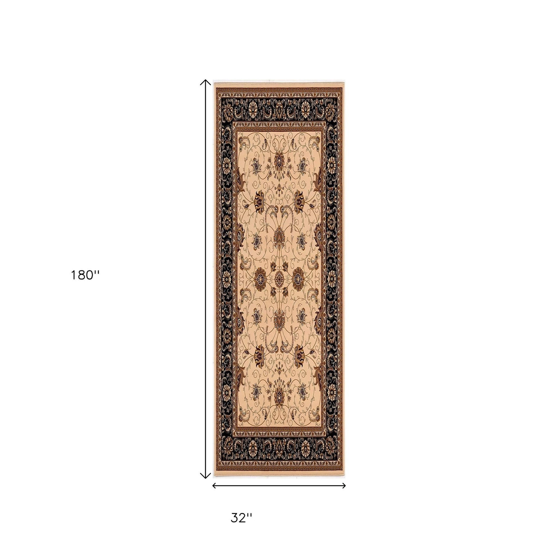 10' Black And Ivory Oriental Runner Rug-Area Rugs-DECOROLALA