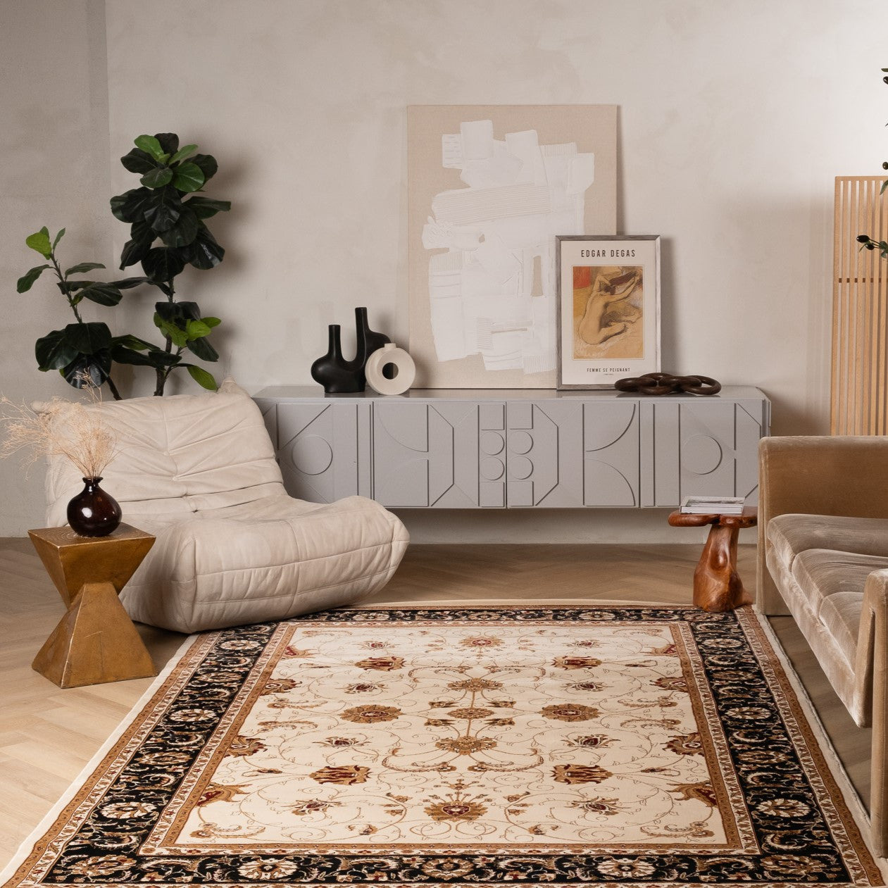 10' Black And Ivory Oriental Runner Rug-Area Rugs-DECOROLALA