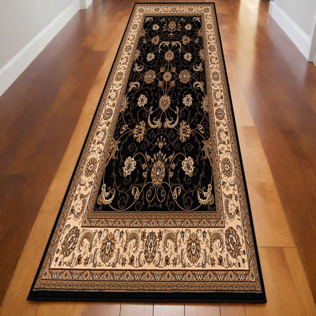 10' Black And Ivory Oriental Runner Rug-Area Rugs-DECOROLALA