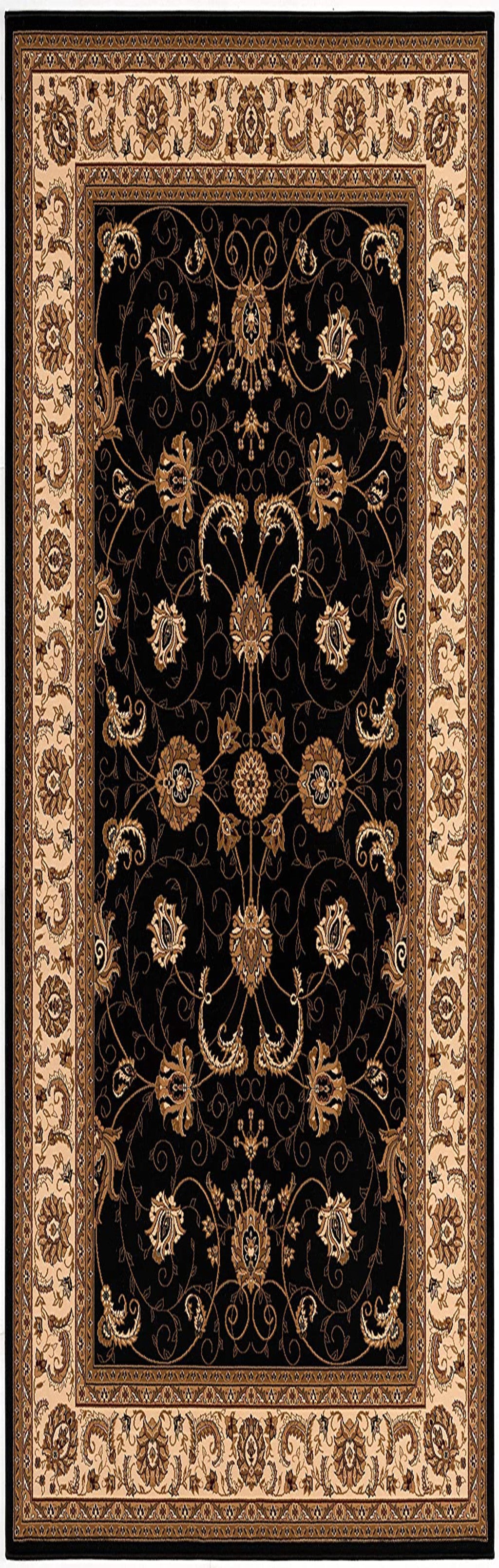 10' Black And Ivory Oriental Runner Rug-Area Rugs-DECOROLALA