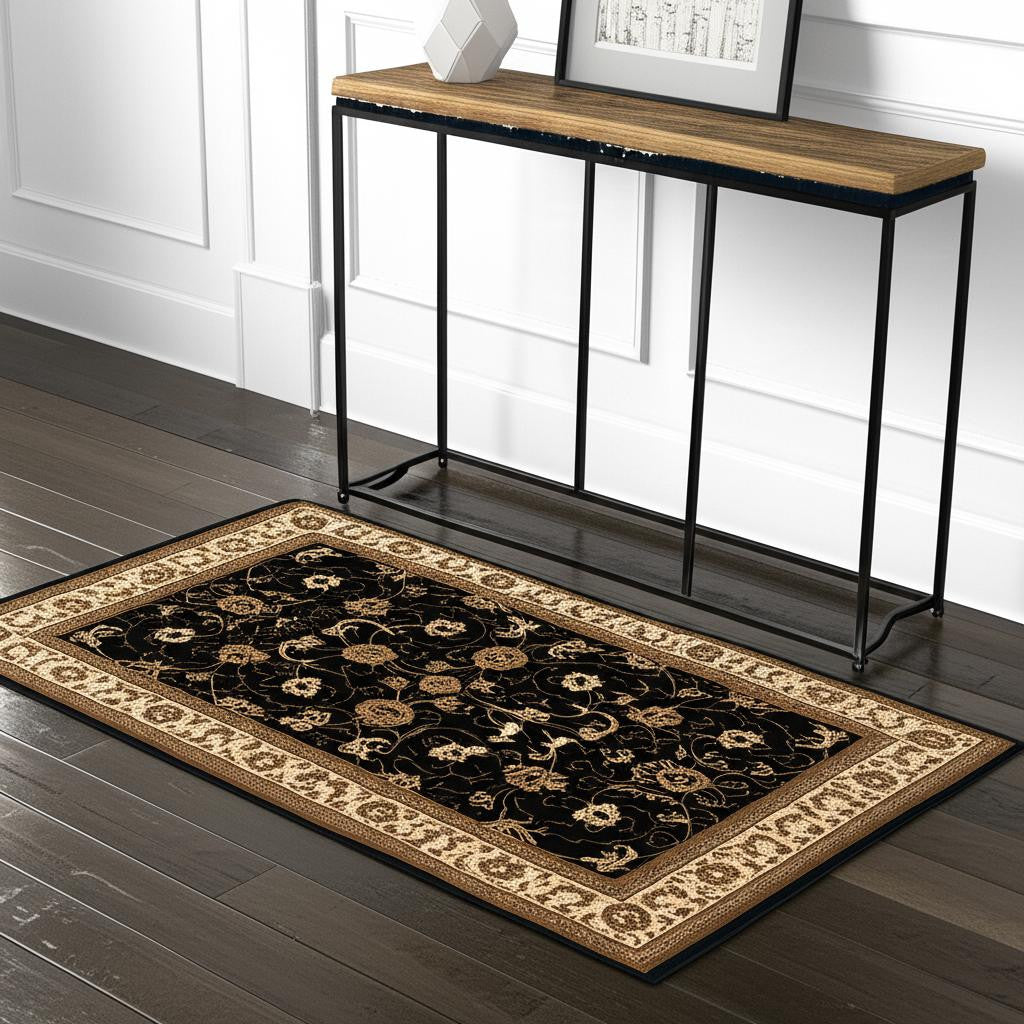 10' Black And Ivory Oriental Runner Rug-Area Rugs-DECOROLALA