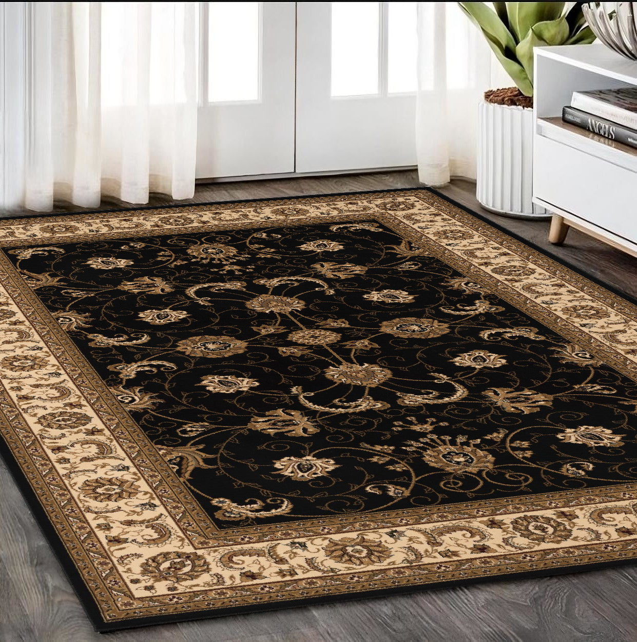 10' Black And Ivory Oriental Runner Rug-Area Rugs-DECOROLALA