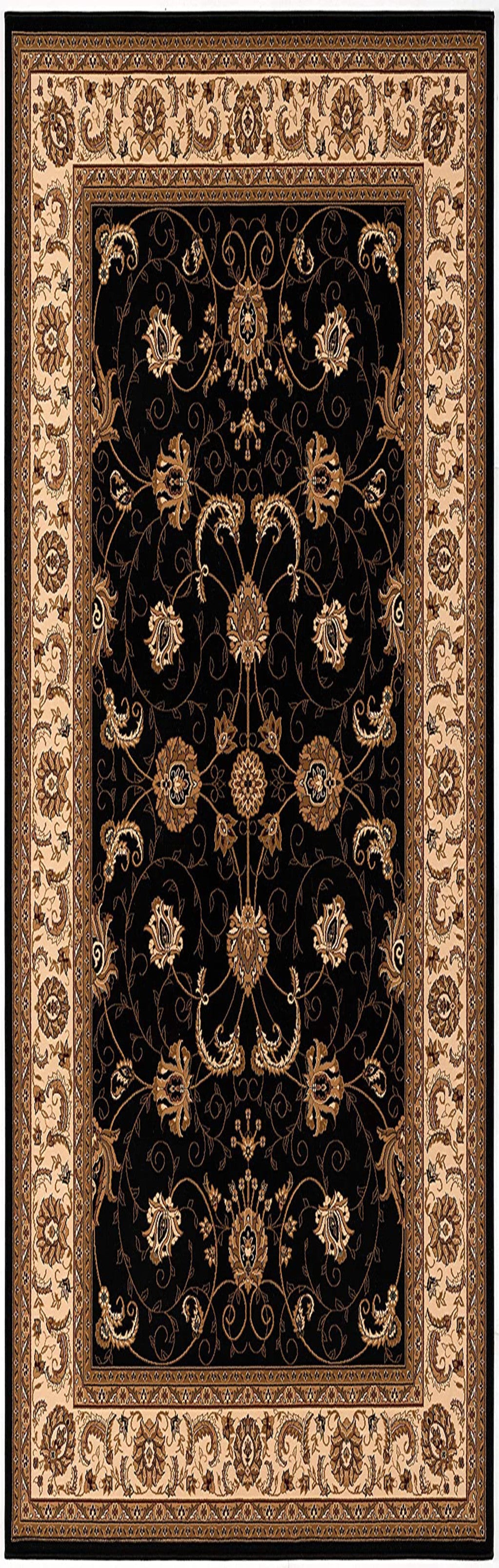 10' Black And Ivory Oriental Runner Rug-Area Rugs-DECOROLALA
