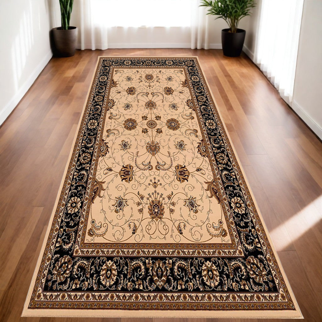 10' Black And Ivory Oriental Runner Rug-Area Rugs-DECOROLALA