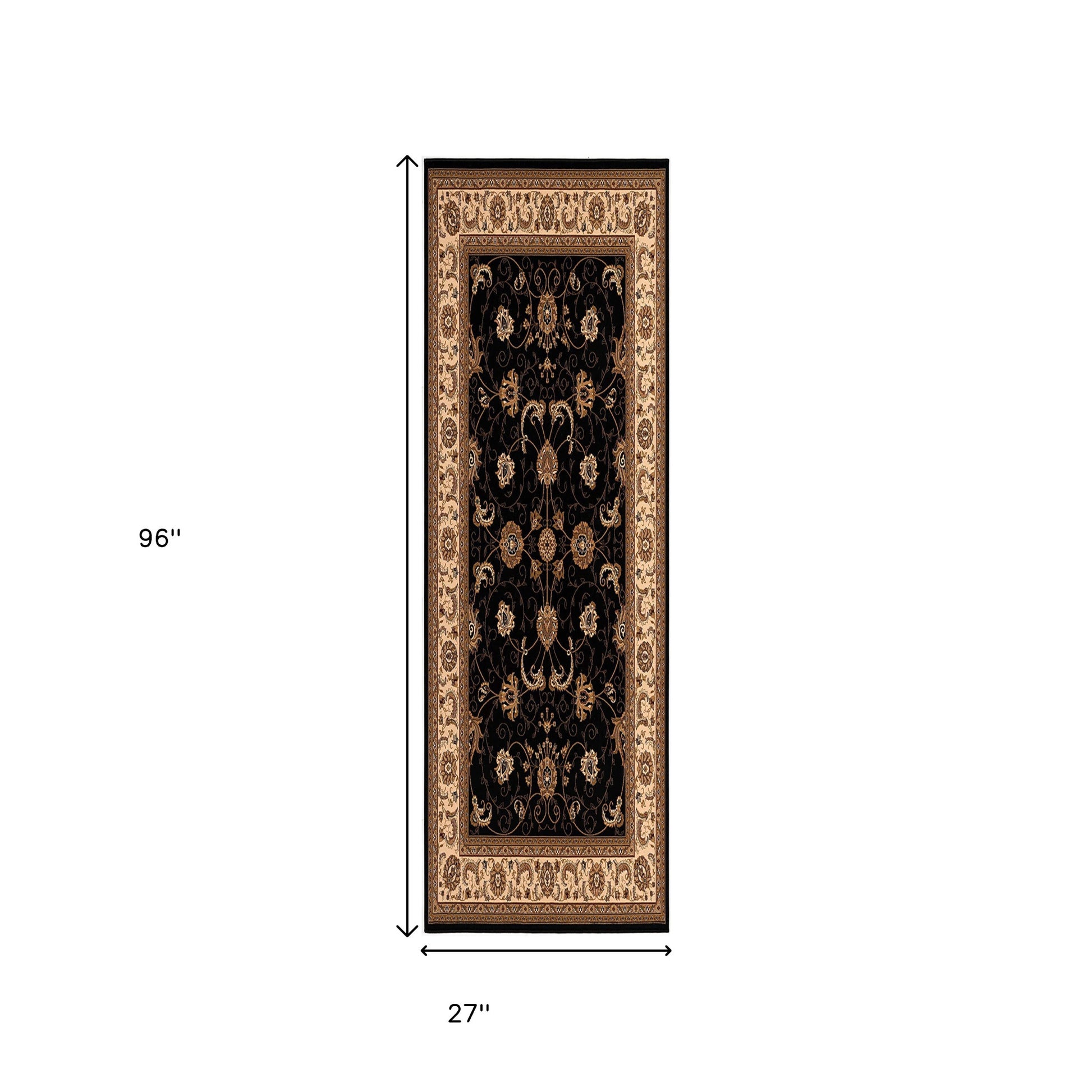 10' Black And Ivory Oriental Runner Rug-Area Rugs-DECOROLALA