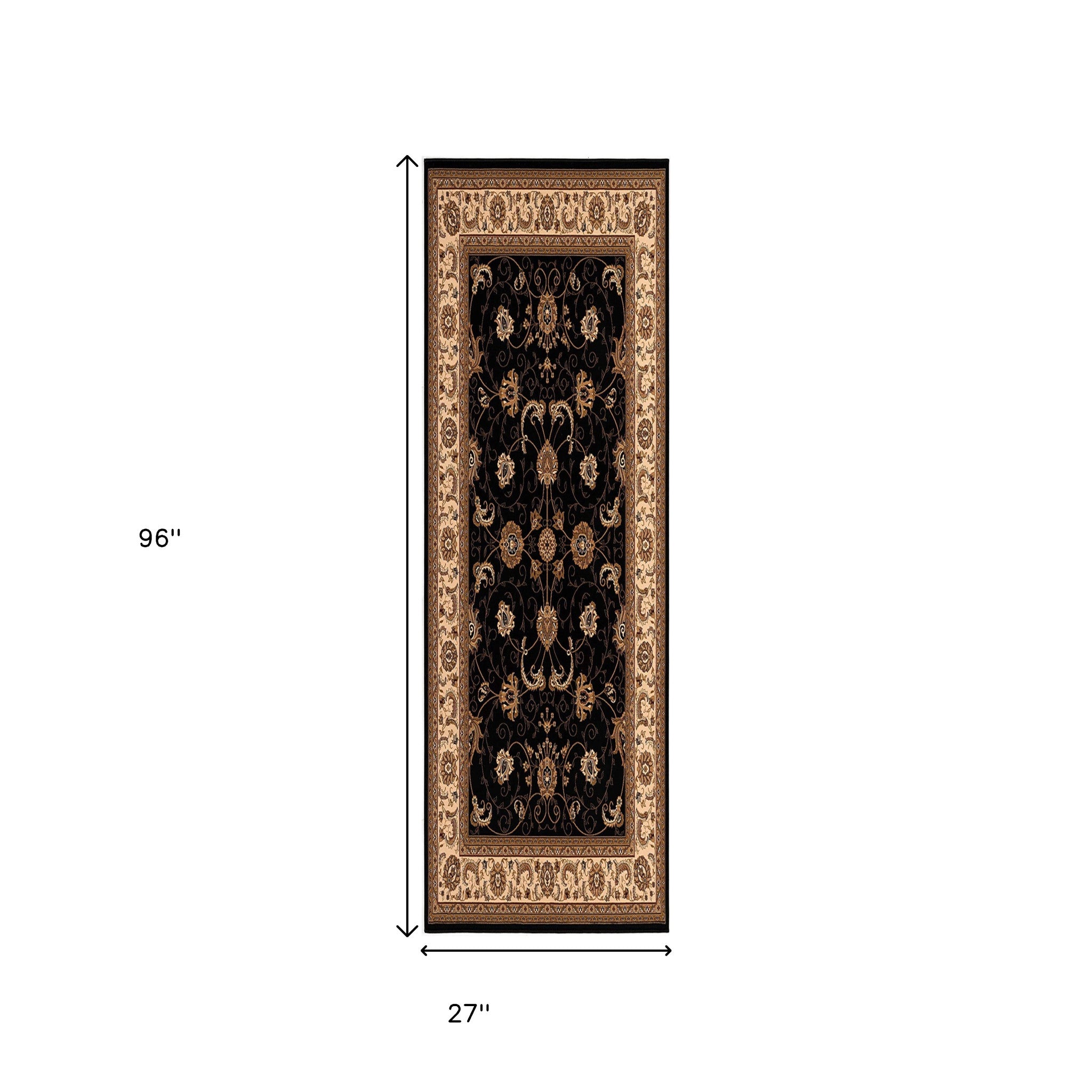 10' Black And Ivory Oriental Runner Rug-Area Rugs-DECOROLALA