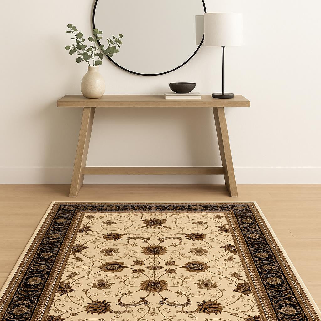 10' Black And Ivory Oriental Runner Rug-Area Rugs-DECOROLALA