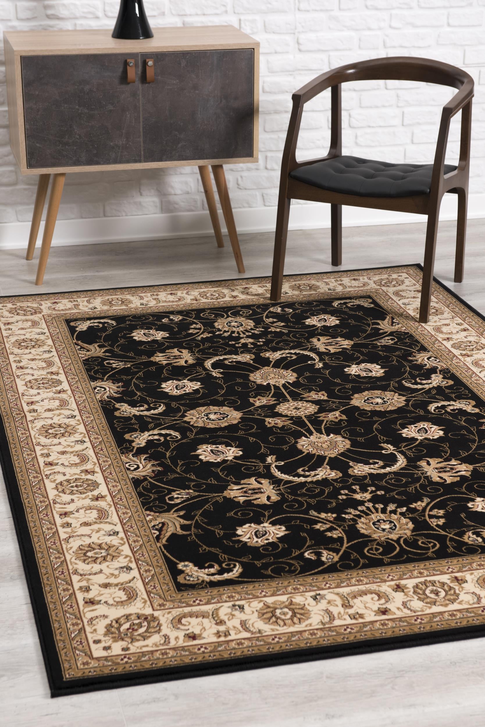 10' Black And Ivory Oriental Runner Rug-Area Rugs-DECOROLALA