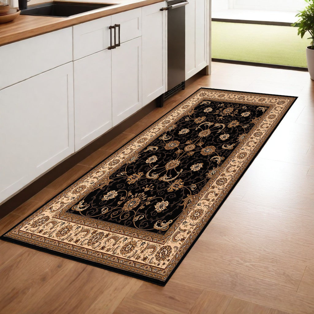 10' Black And Ivory Oriental Runner Rug-Area Rugs-DECOROLALA