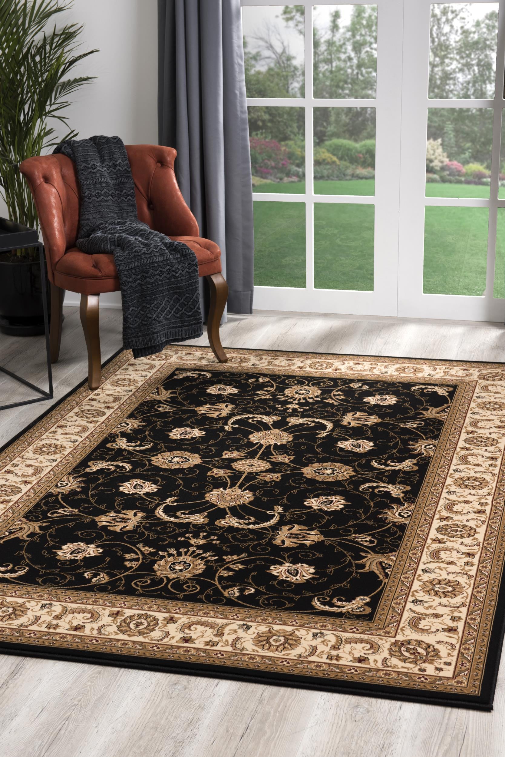 10' Black And Ivory Oriental Runner Rug-Area Rugs-DECOROLALA
