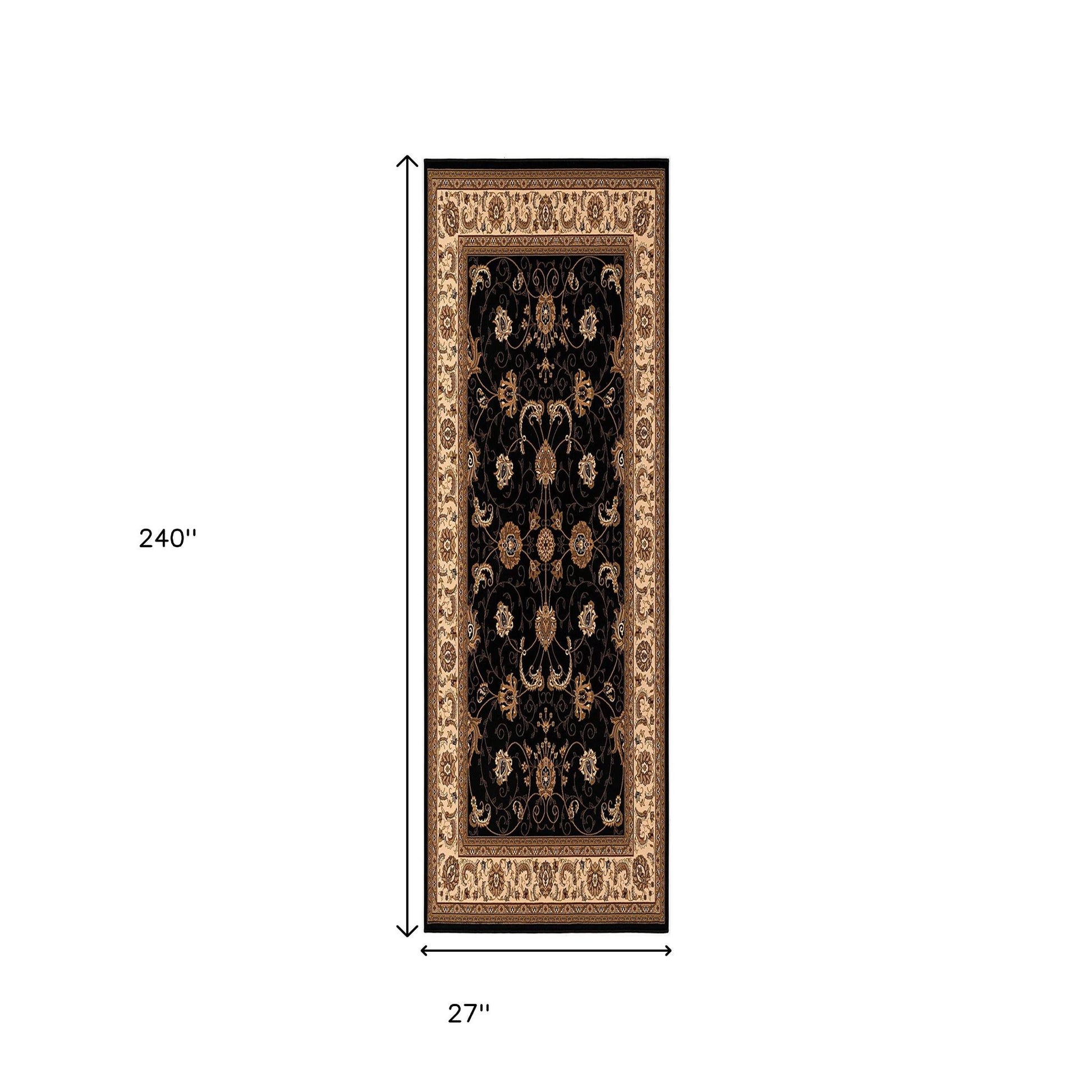 10' Black And Ivory Oriental Runner Rug-Area Rugs-DECOROLALA