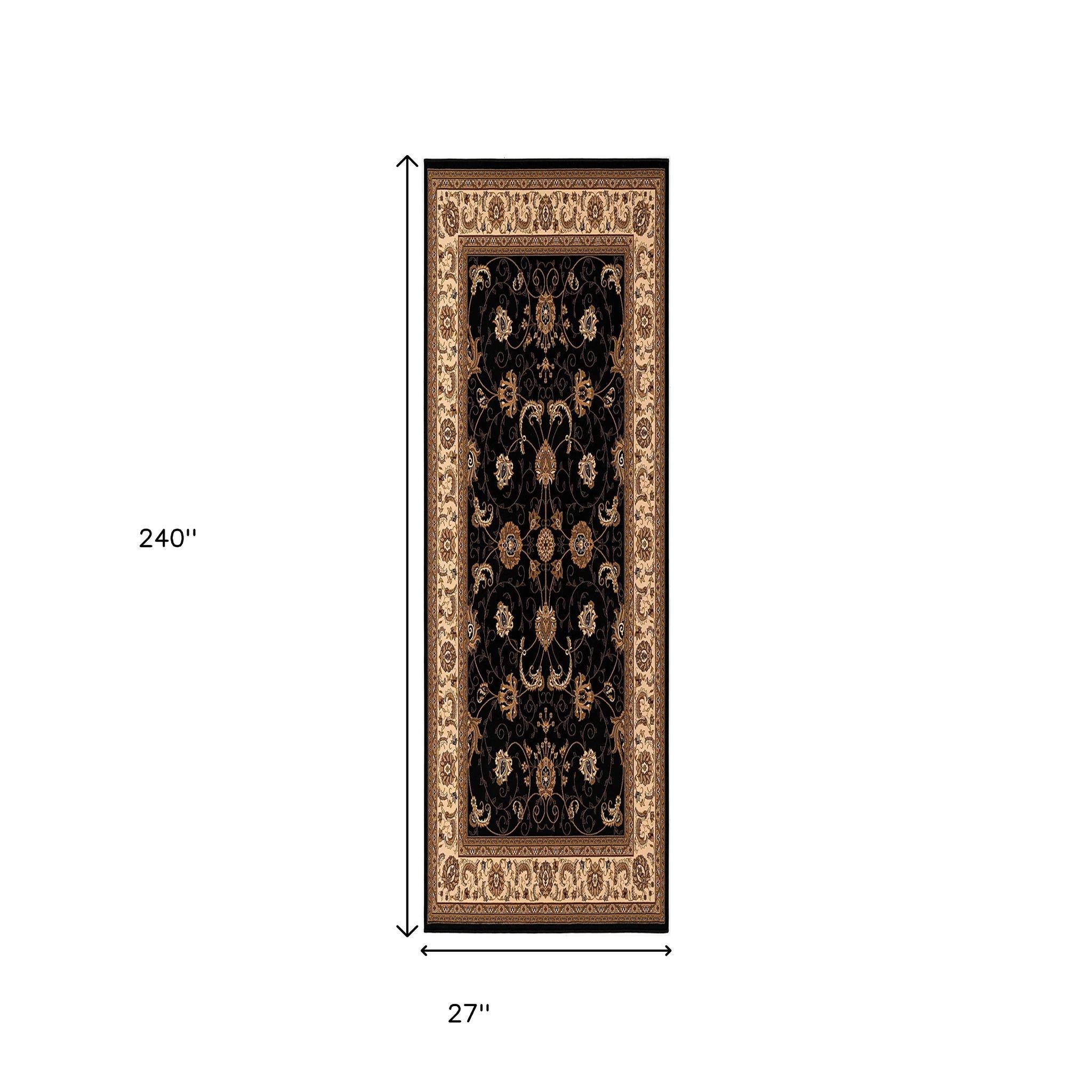 10' Black And Ivory Oriental Runner Rug-Area Rugs-DECOROLALA