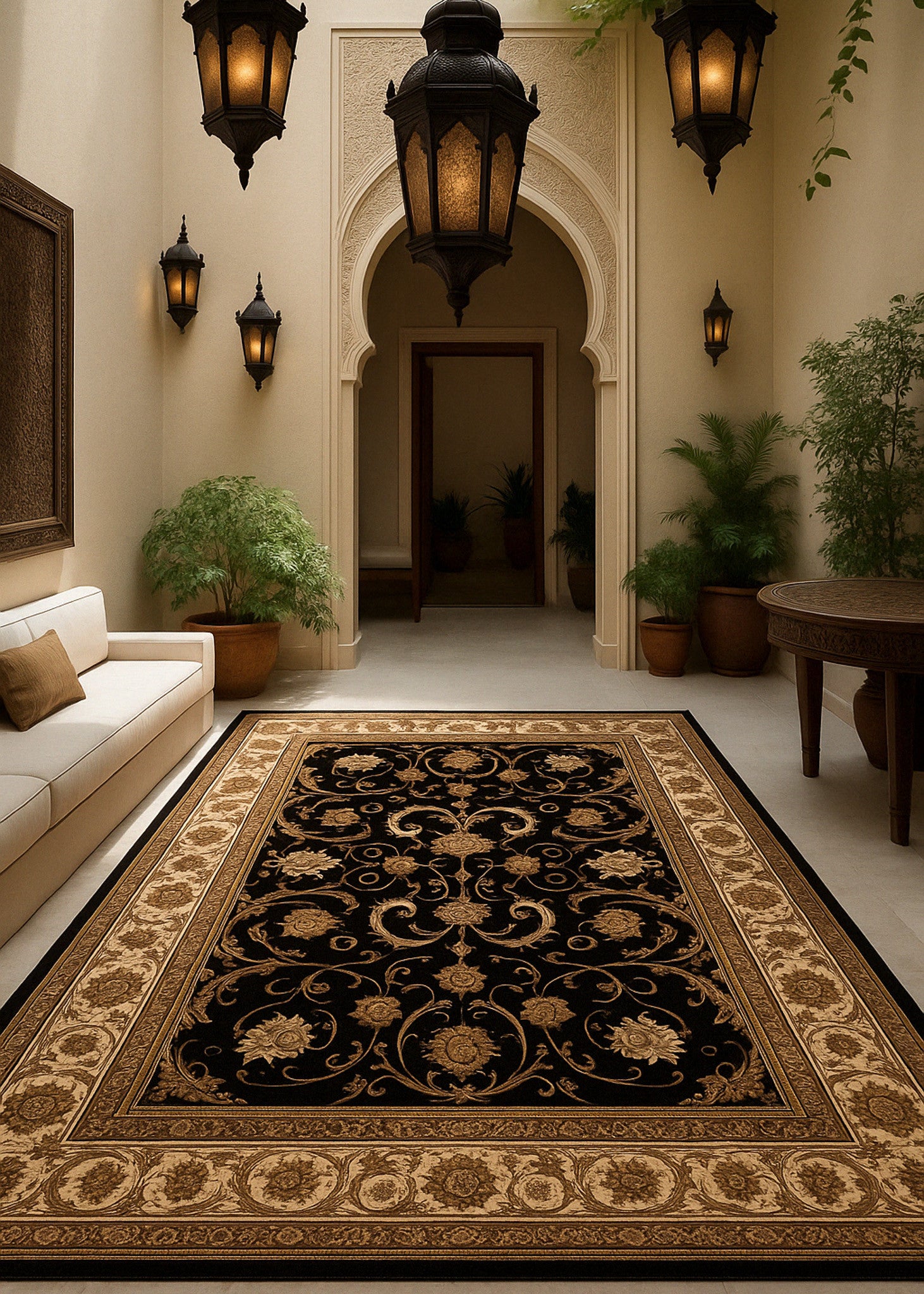 10' Black And Ivory Oriental Runner Rug-Area Rugs-DECOROLALA