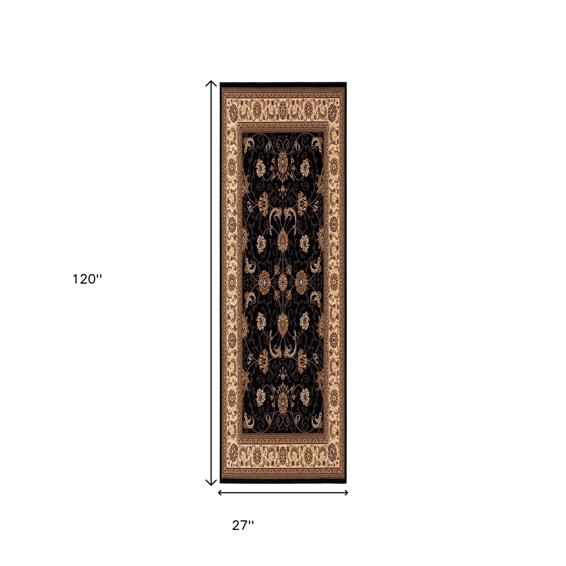 10' Black And Ivory Oriental Runner Rug-Area Rugs-DECOROLALA