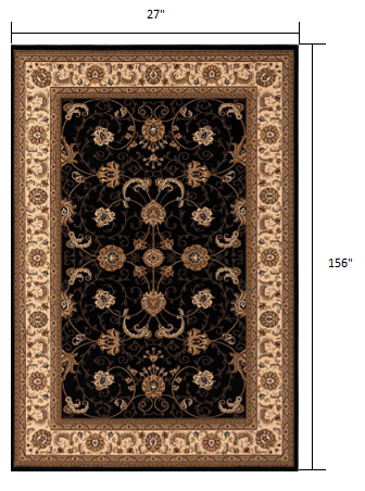 10' Black And Ivory Oriental Runner Rug-Area Rugs-DECOROLALA