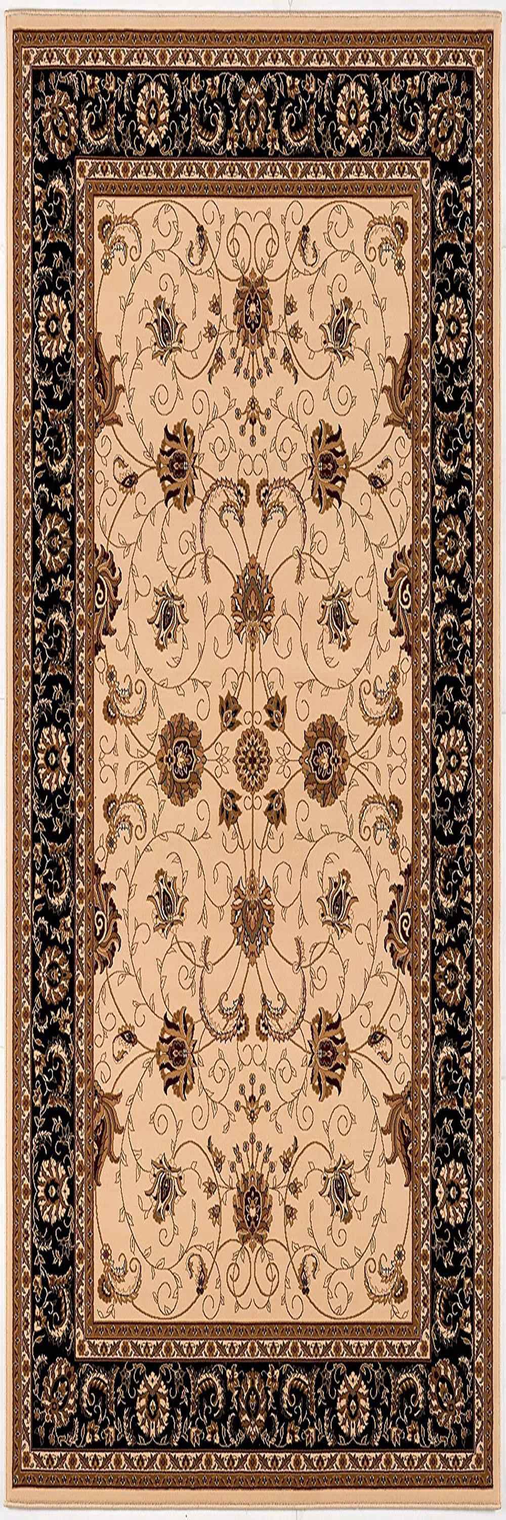 10' Black And Ivory Oriental Runner Rug-Area Rugs-DECOROLALA