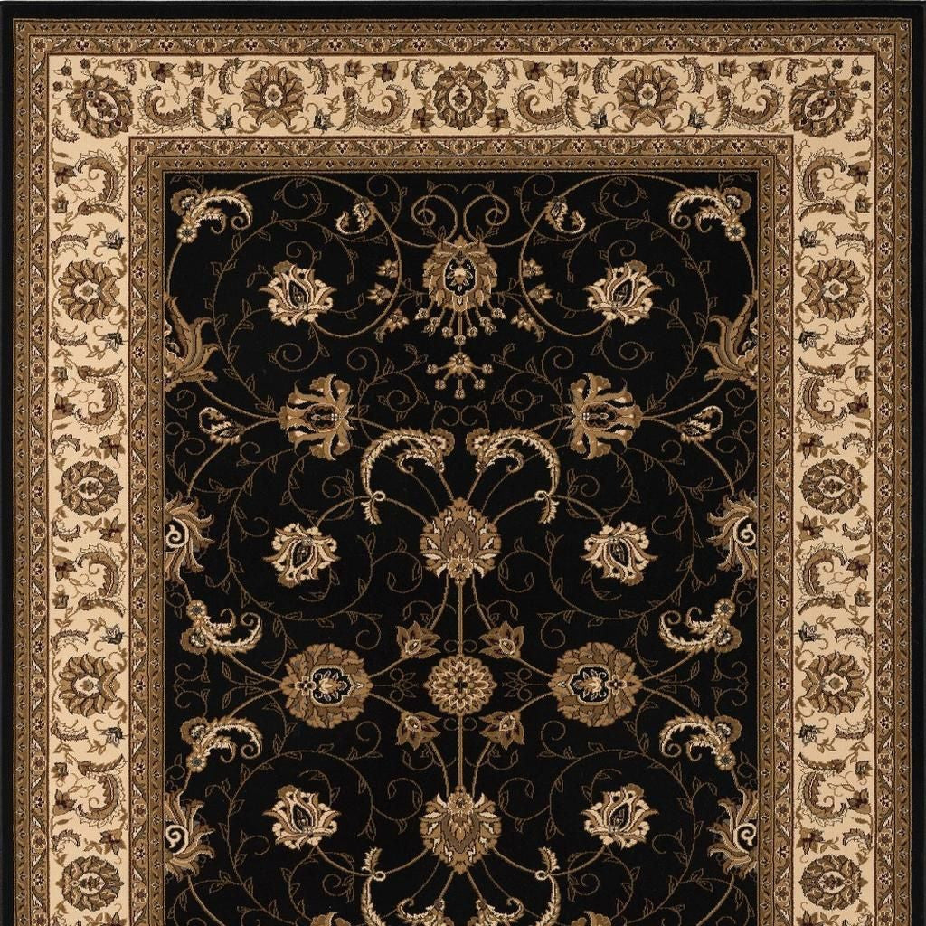 10' Black And Ivory Oriental Runner Rug-Area Rugs-DECOROLALA