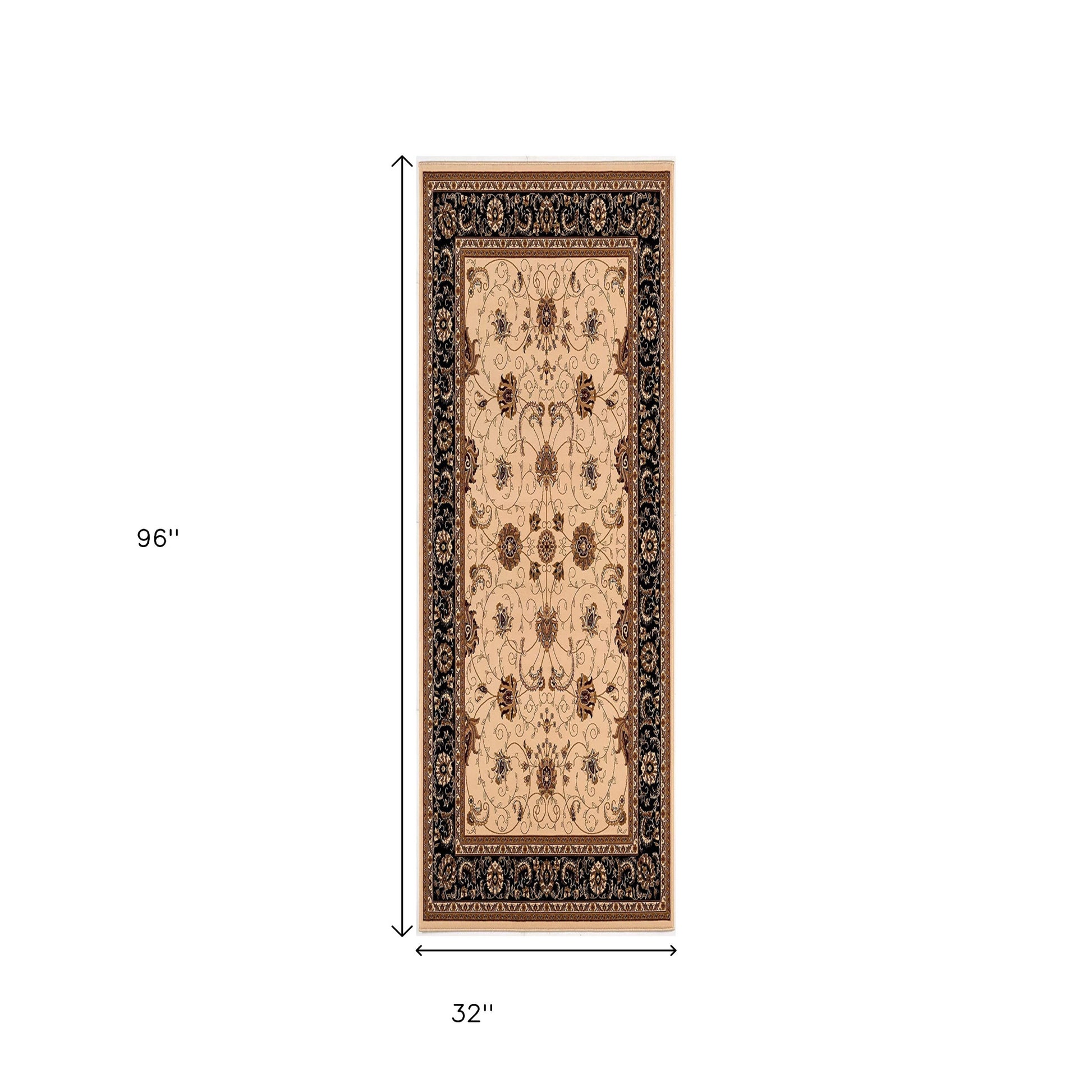 10' Black And Ivory Oriental Runner Rug-Area Rugs-DECOROLALA