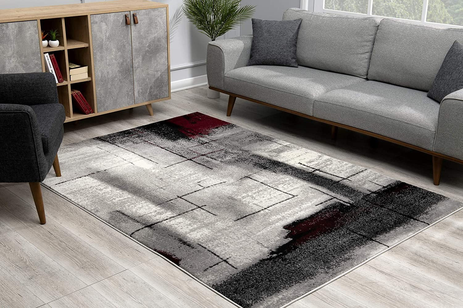 10' Black Burgundy And Gray Abstract Runner Rug-Area Rugs-DECOROLALA