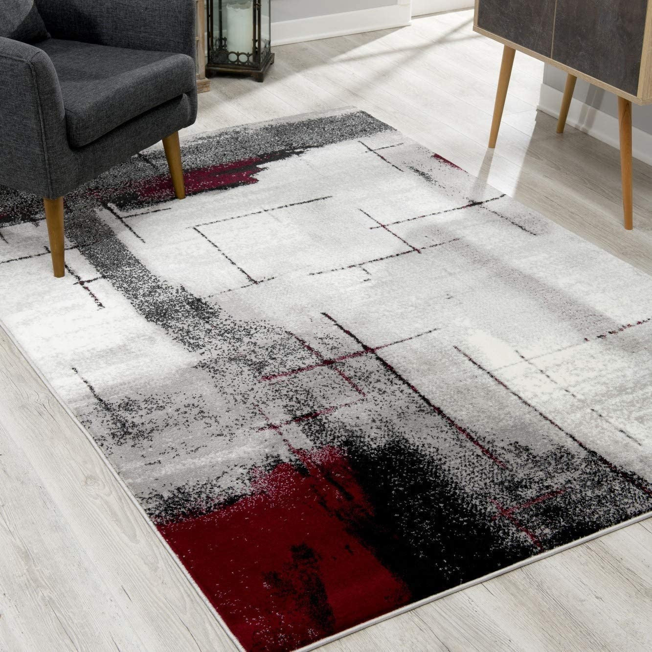 10' Black Burgundy And Gray Abstract Runner Rug-Area Rugs-DECOROLALA