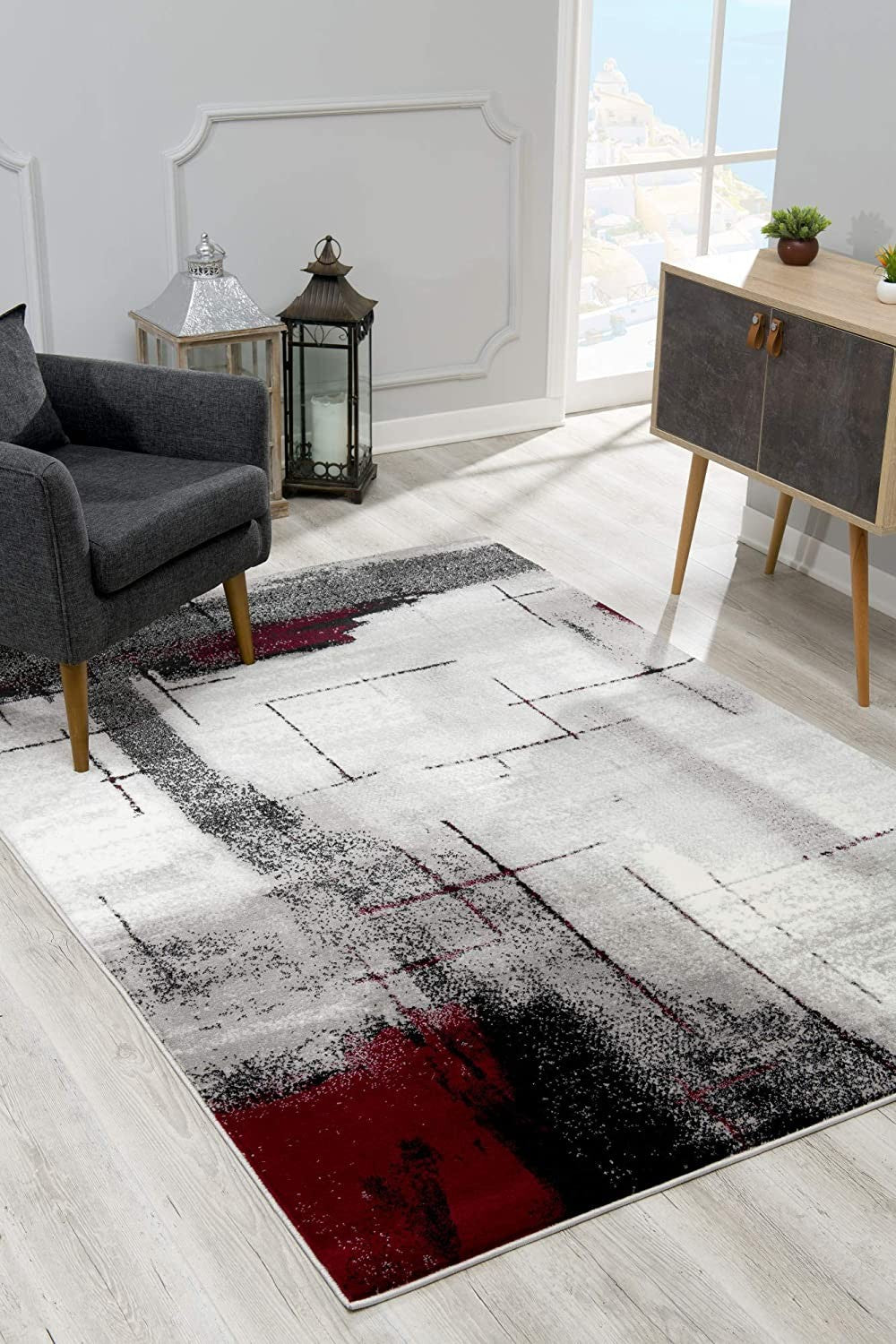 10' Black Burgundy And Gray Abstract Runner Rug-Area Rugs-DECOROLALA