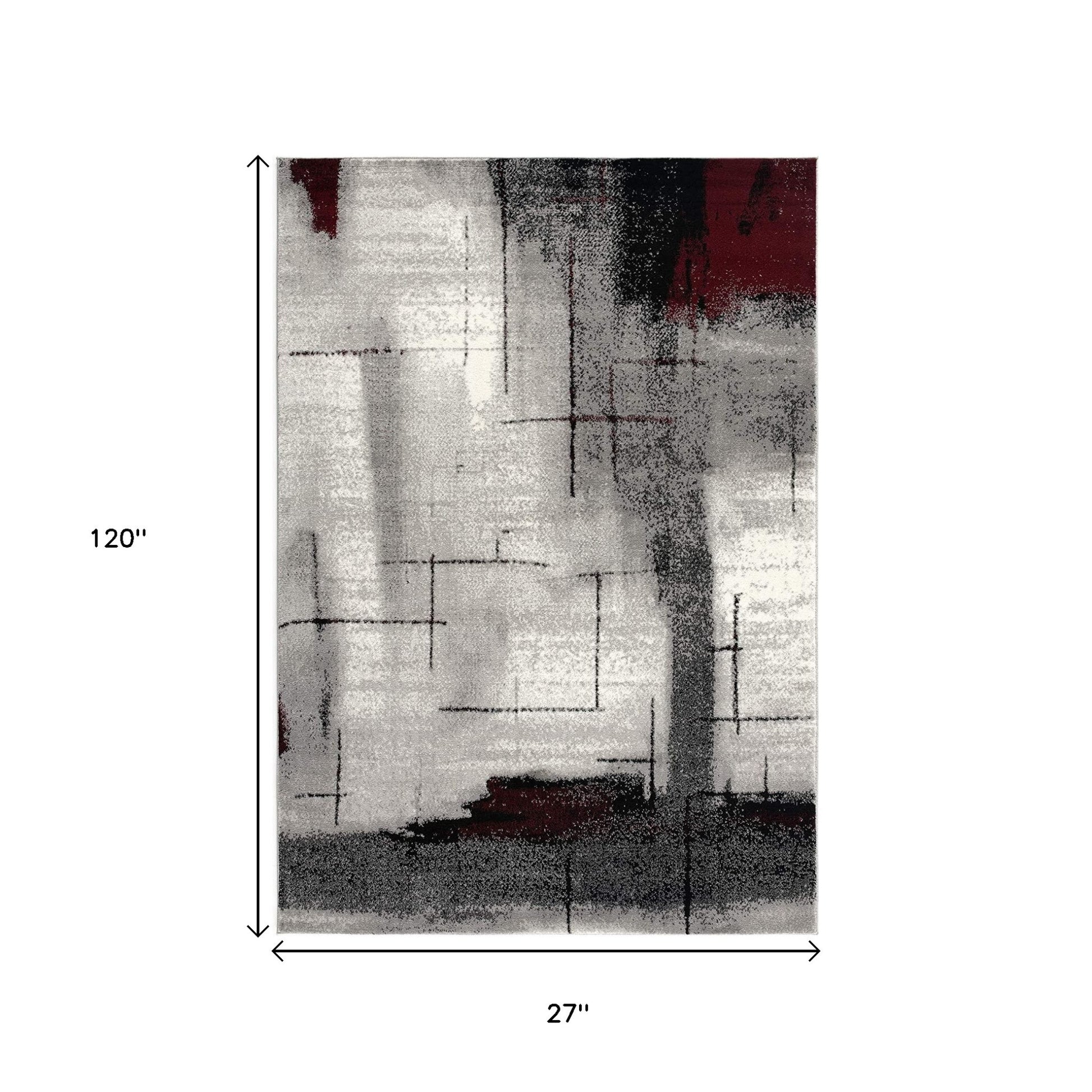 10' Black Burgundy And Gray Abstract Runner Rug-Area Rugs-DECOROLALA