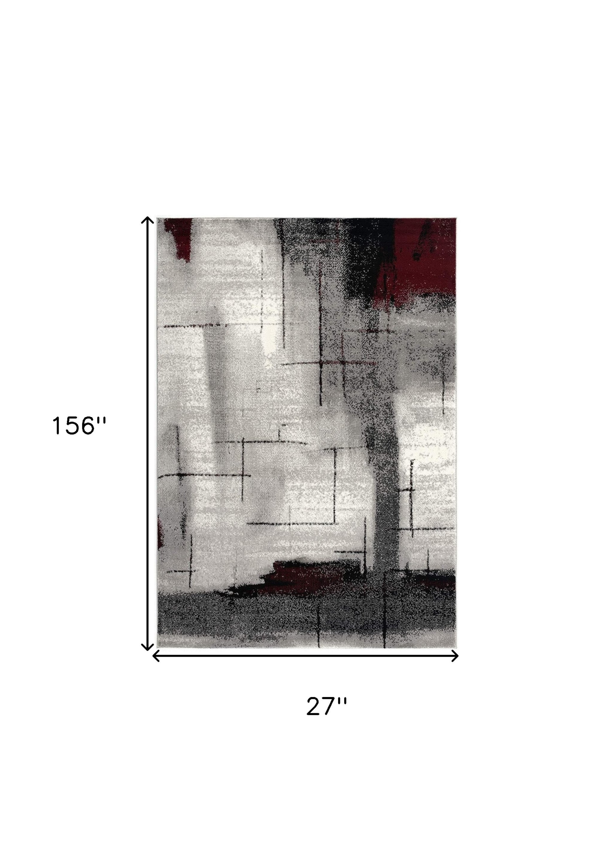 10' Black Burgundy And Gray Abstract Runner Rug-Area Rugs-DECOROLALA