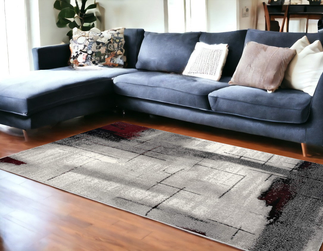 10' Black Burgundy And Gray Abstract Runner Rug-Area Rugs-DECOROLALA