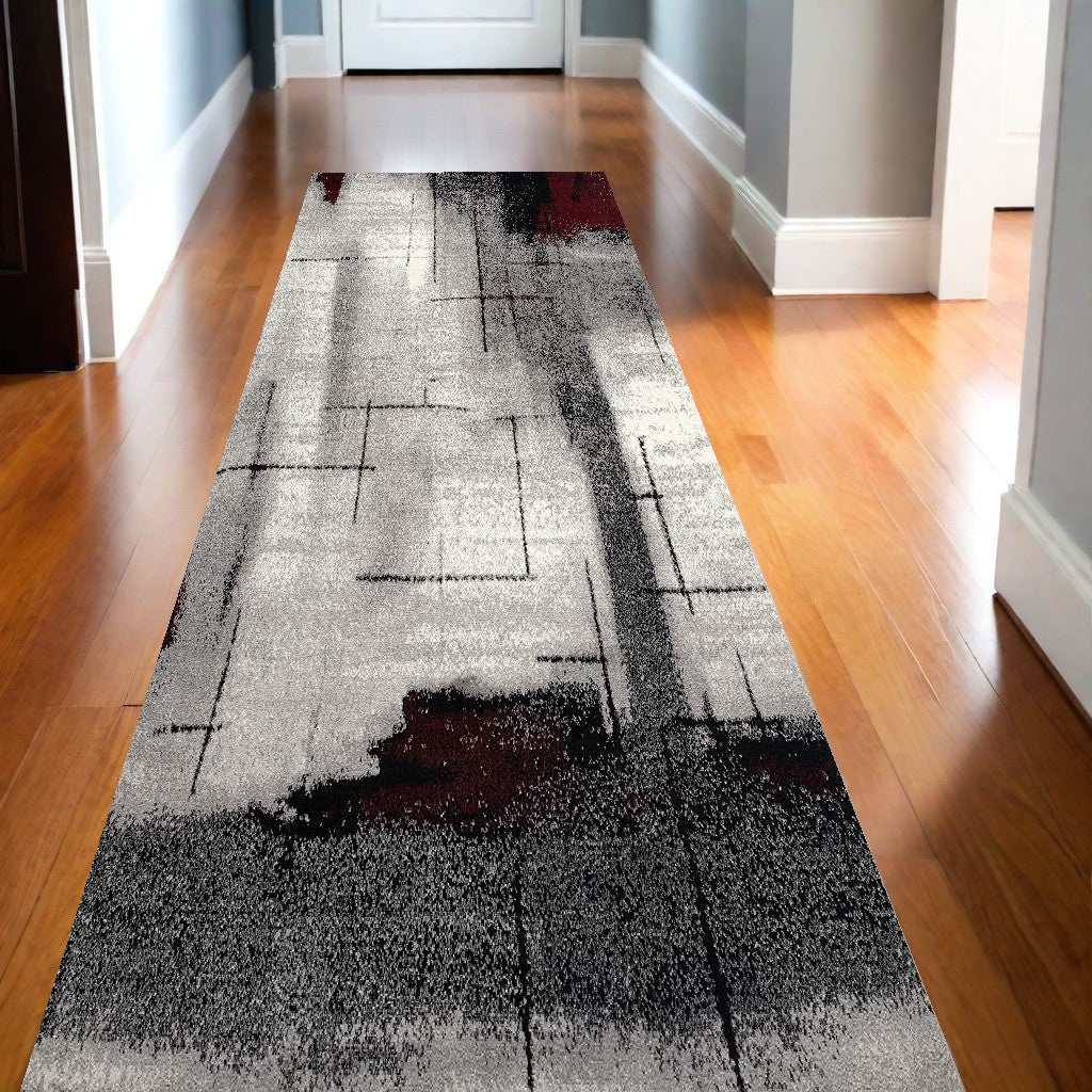 10' Black Burgundy And Gray Abstract Runner Rug-Area Rugs-DECOROLALA