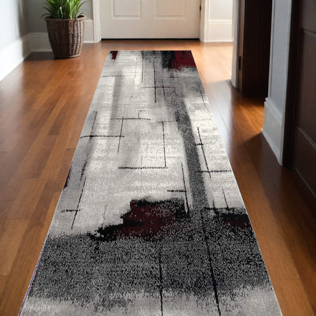 10' Black Burgundy And Gray Abstract Runner Rug-Area Rugs-DECOROLALA