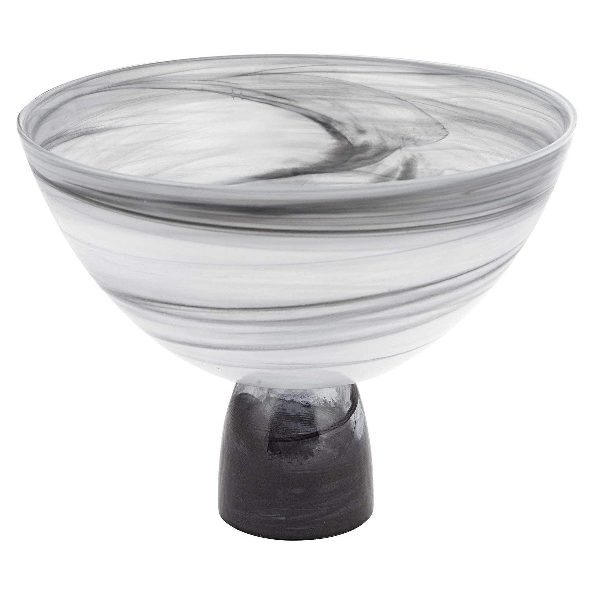 10" Black and Gray Swirl Mouth Blown Glass Footed Centerpiece Bowl-Serving Bowls-DECOROLALA