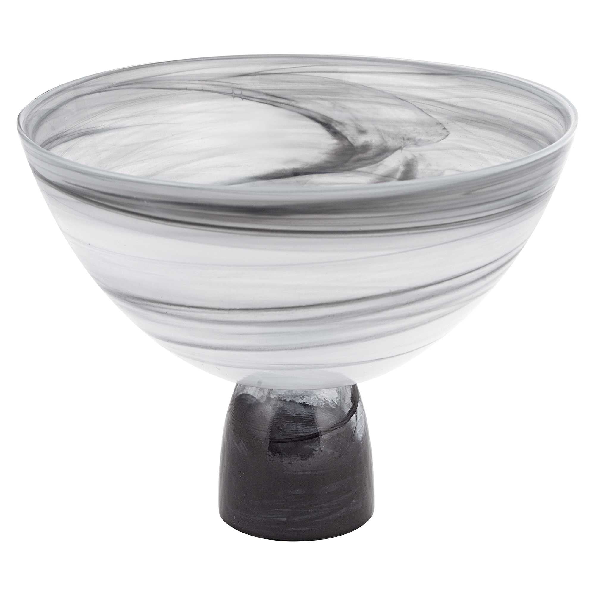 10" Black and Gray Swirl Mouth Blown Glass Footed Centerpiece Bowl-Serving Bowls-DECOROLALA