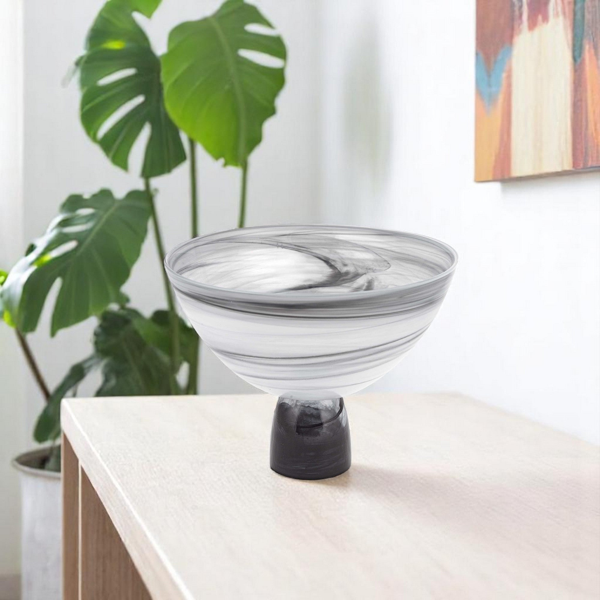10" Black and Gray Swirl Mouth Blown Glass Footed Centerpiece Bowl-Serving Bowls-DECOROLALA