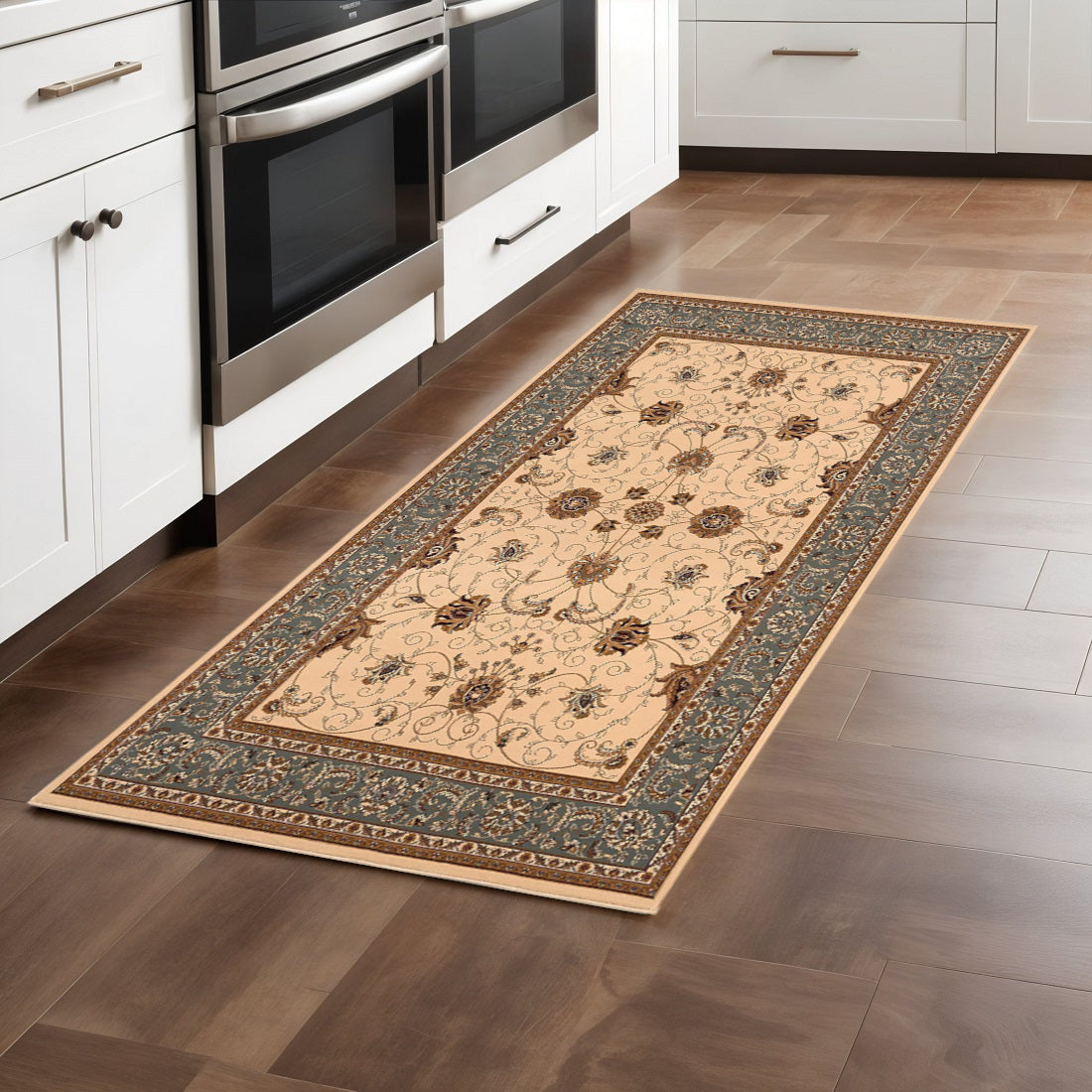 10' Blue And Ivory Oriental Runner Rug-Area Rugs-DECOROLALA