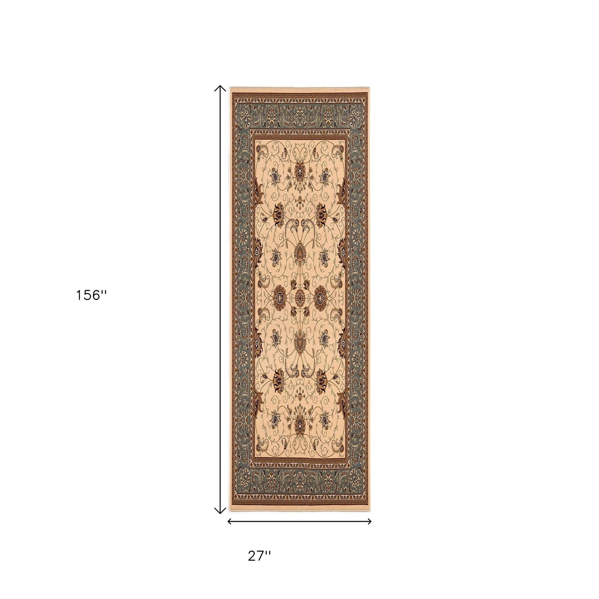 10' Blue And Ivory Oriental Runner Rug-Area Rugs-DECOROLALA