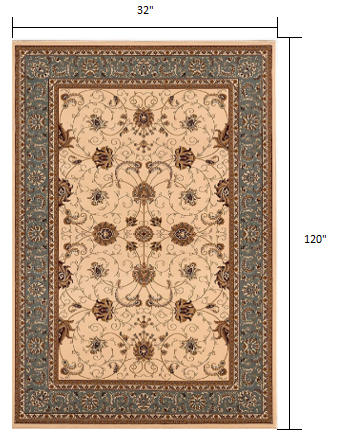 10' Blue And Ivory Oriental Runner Rug-Area Rugs-DECOROLALA