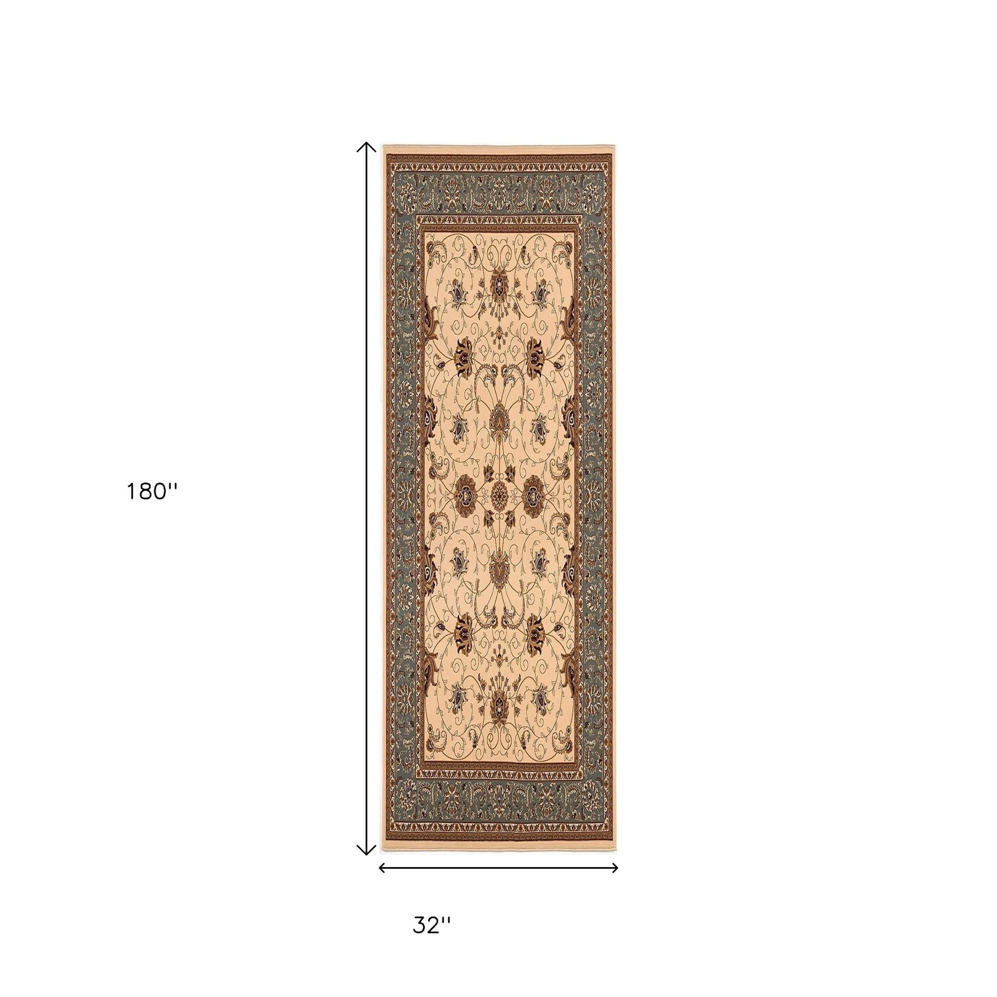 10' Blue And Ivory Oriental Runner Rug-Area Rugs-DECOROLALA