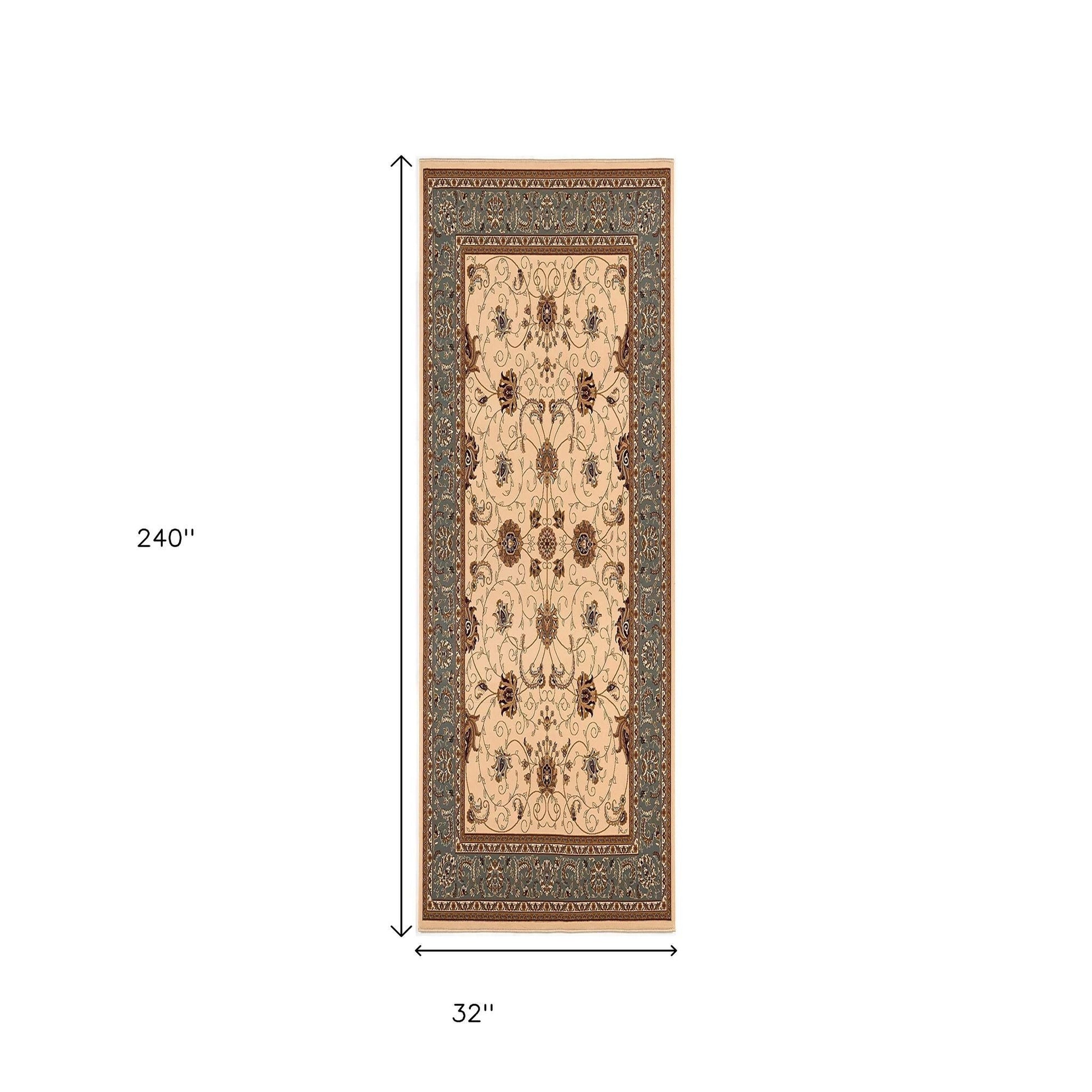 10' Blue And Ivory Oriental Runner Rug-Area Rugs-DECOROLALA